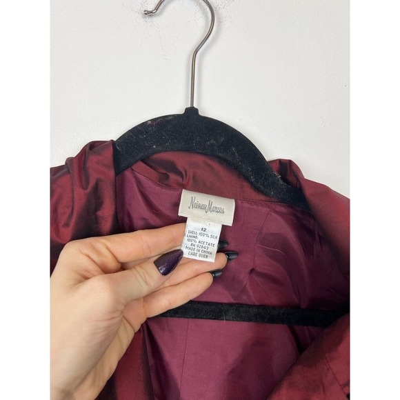 Vtg 80's Neiman Marcus 100% silk suit set- burgundy sequin trim sz 12 retro - Picture 2 of 11